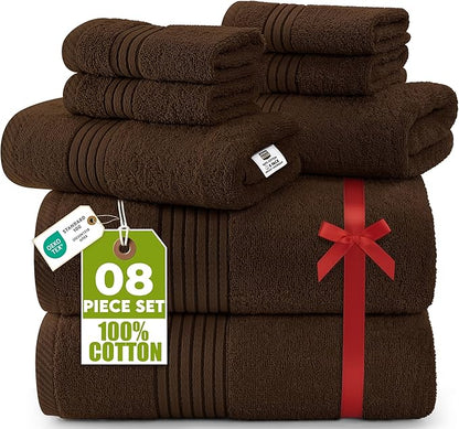 Utopia Towels 8 Piece Premium Towel Set, 2 Bath, 2 Hand, and 4 Washcloths, 100% Ring Spun Cotton, Highly Absorbent Towels for Bathroom, Sports, and Hotel, Dark Brown
