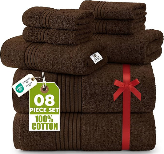 Utopia Towels 8 Piece Premium Towel Set, 2 Bath, 2 Hand, and 4 Washcloths, 100% Ring Spun Cotton, Highly Absorbent Towels for Bathroom, Sports, and Hotel, Dark Brown