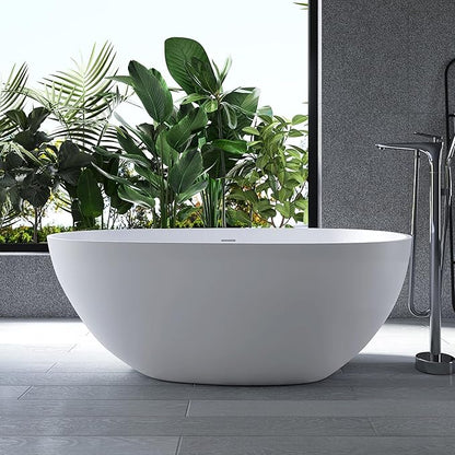 59" Stone Resin Freestanding Bathtub, Oval Solid Surface Bathroom Freestanding Tub, Thin Edge Stand Alone Tub with Integrated Slotted Overflow and Pop-up Drain, Matte White 302-150