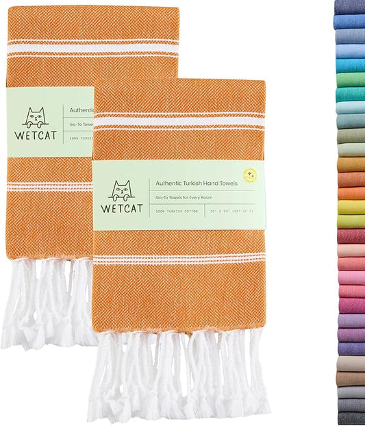 WETCAT Turkish Hand Towels with Hanging Loop, Set of 2 (20" x 30") 100% Turkish Cotton, Pre-Washed, Quick Drying, for Kitchen or Bathroom - Burnt Orange
