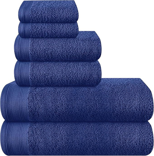 Ultra Soft 6 Pack Cotton Towel Set, Contains 2 Bath Towels 28x55 inch, 2 Hand Towels 16x24 inch & 2 Wash Coths 12x12 inch, Ideal Everyday use, Compact & Lightweight - Navy Blue