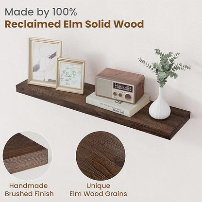 Floating Shelves for Wall Decor, 8 Inch Deep Rustic Solid Elm Wood Floating Shelves Wall Mounted, Wall Shelves with Invisible Bracket for Living Room Bathroom Bedroom Kitchen, 32 Inch Set of 2, Walnut