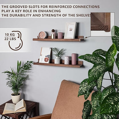 Floating Shelves for Wall 24 inch, Waterproof, Wall Storage Shelves with Lip, Display Picture Ledge Shelf for Photo Frame, Natural Wood Hanging Book Shelves (American Walnut, Set 2)