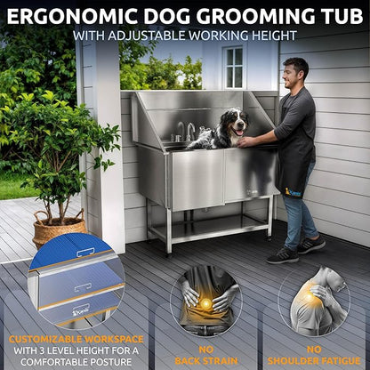 KANIS Professional Dog Washing Station - 304 Stainless Steel Pet Wash Sink & Grooming Bathtub w/Shower, Floor Grates and Storage for Large, Medium & Small Pets (50", Shelf - Left Ramp)