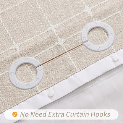 MitoVilla No Hooks Needed Boho Farmhouse Shower Curtain with Snap-in Liner, Cotton Linen Fabric Shower Curtains with Tassels for Rustic Neutral Bathroom Decor, Beige/Cream, 72 x 74