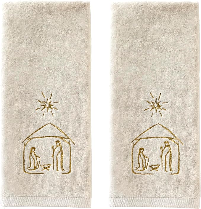 SKL Home Religious/Christmas/Winter Nativity Hand Towel 2pc Set for Bath/Kitchen & Gift, Natural