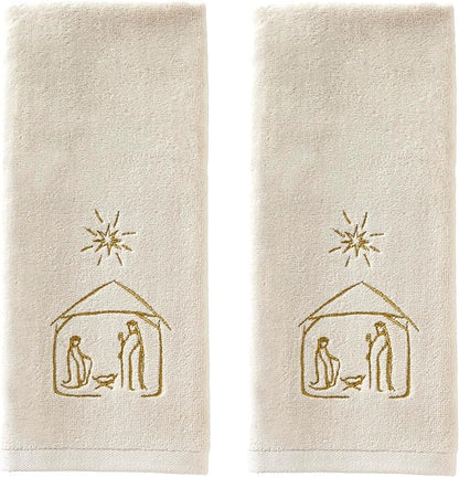 SKL Home Religious/Christmas/Winter Nativity Hand Towel 2pc Set for Bath/Kitchen & Gift, Natural