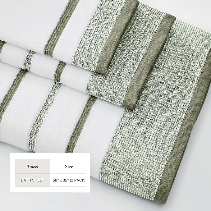 Decorative Oversized Bath Sheet Set - Luxury Cotton 2 Pack 68x35 Extra Large Towels - Luxurious, Ultra-Soft, Durable Towels for Bathroom Decor (Desert Sage Green/Moss Green)