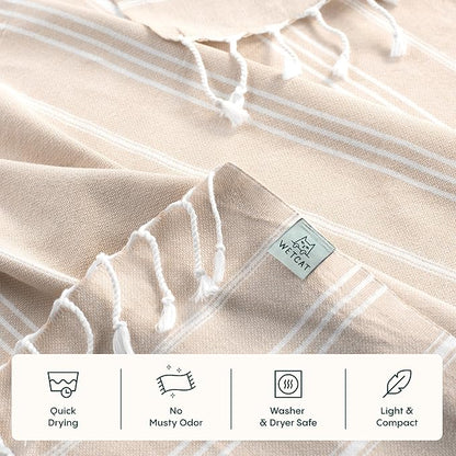 WETCAT Turkish Hand Towels with Hanging Loop, Set of 2 (20" x 30") 100% Turkish Cotton, Pre-Washed, Quick Drying, for Kitchen or Bathroom - Beige