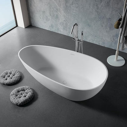 Abruzzo 67“ Solid Surface Freestanding Bathtub, Egg Shell Shaped Stone Resin Freestanding Tubs, Contemporary Oval Soaking Tubwith Overflow in Matte White, cUPC Certified