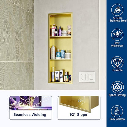 Neodrain Stainless Steel Shower Niche, NO Tile Needed Recessed Shelf for Bathroom Storage, 3-Tier Recessed Built-in Wall Niche（12X36Inch，Gold）