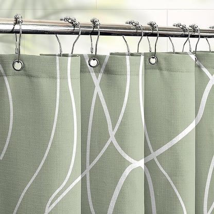 Tititex Morden 140gms Faux Linen Fabric Bath Shower Curtain Set Textured Fabric with Sage White Curve Pattern 72x72 Inch Water Resistant Bathroom Curtains, Weighted Hem & Hooks for Home/Hotel