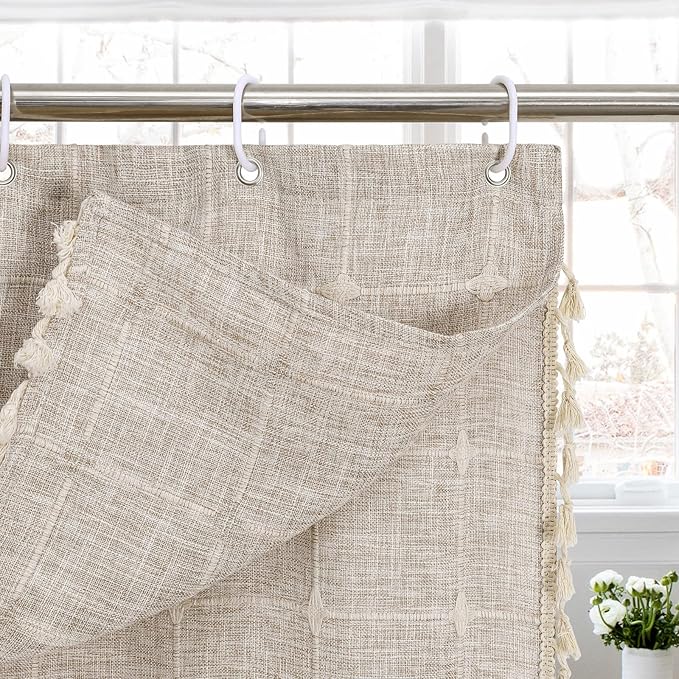 MitoVilla Tan Boho Double Swag Shower Curtain, Polyester Linen Fabric Shower Curtains for Farmhouse Bathroom Decor, Brown Cloth Shower Curtain Set with Hooks, 72 x 72