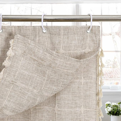 MitoVilla Tan Boho Double Swag Shower Curtain, Polyester Linen Fabric Shower Curtains for Farmhouse Bathroom Decor, Brown Cloth Shower Curtain Set with Hooks, 72 x 72