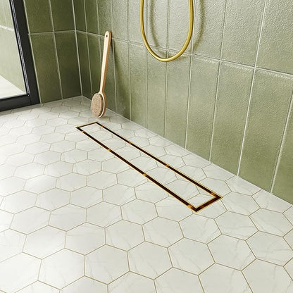 Neodrain 18-Inch Linear Shower Drain with Tile Insert Grate, Golden 304 Stainless Steel Rectangle Shower Floor Drain, Linear Drain with Leveling Feet, Hair Strainer