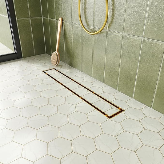Neodrain 18-Inch Linear Shower Drain with Tile Insert Grate, Golden 304 Stainless Steel Rectangle Shower Floor Drain, Linear Drain with Leveling Feet, Hair Strainer