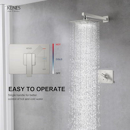 KENES Brushed Nickel 10-Inch Shower Head and Handle Set, Square Shower Faucet Set Bathroom Rainfall Shower System Wall Mount, KE-6024B (Shower Valve Included)