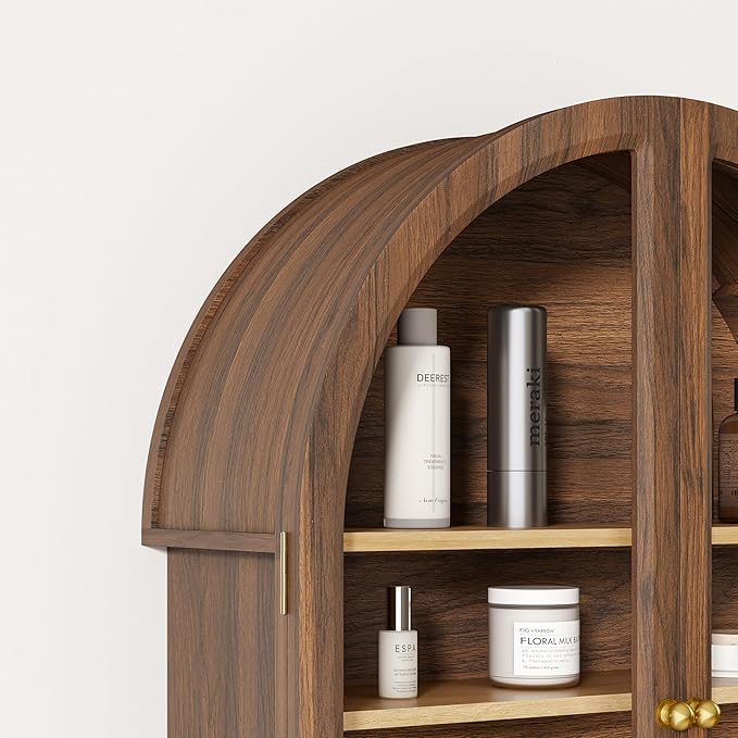 Arched Wall Cabinet with Acrylic Door, Large Wooden Wall Mounted Bathroom Cabinet, Modern Hanging Medicine Cabinet with Adjustable Shelf and Open Shelf, Brown/Oak