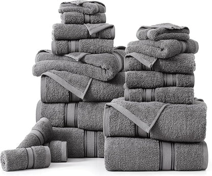LANE LINEN 100% Mercerized Cotton Bath Towels Set of 18 – Zero Twist, 6 Bath, 6 Hand Towel & 6 Washcloths, Soft, Ideal for Spa Hotel & Home, Gentle on Body, Durable After Multiple Washes – Cool Grey
