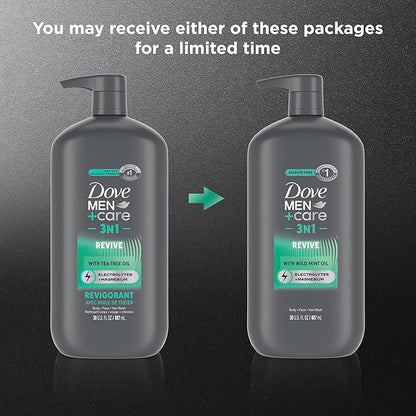 DOVE MEN + CARE Body and Face Wash Invigorating Revive 3N1 with Tea Tree Oil, with 24-Hour Nourishing Micromoisture Technology, 30 oz