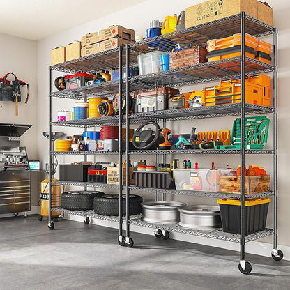 82" H X45 W X18 D Storage Shelves with Wheels, 6 Tier Wire Shelving Adjustable Metal Shelving Pantry Shelves Capacity 1200LBS for Garage Shelving, Pantry, Kitchen, Closet, Black,2P