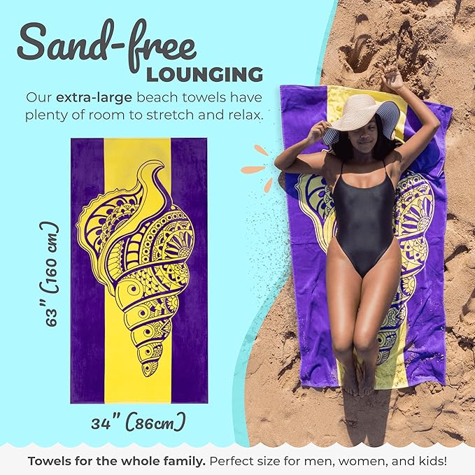 Nova Blue Seashell Beach Towel (34 X 63) – Purple & Yellow Travel Beach Towel Made from 100% Cotton – Unique Adult Beach Towels with Tropical Design - Compact BeachTowel