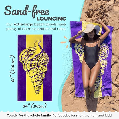 Nova Blue Seashell Beach Towel (34 X 63) – Purple & Yellow Travel Beach Towel Made from 100% Cotton – Unique Adult Beach Towels with Tropical Design - Compact BeachTowel