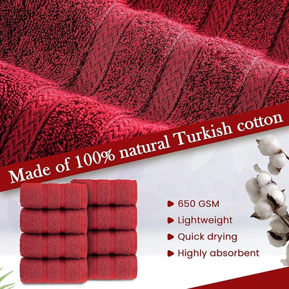 HALLEY Turkish 8 Pack Premium Washcloths (8 Pieces) 650 GSM Highly Absorbent Super Soft 100% Cotton - 8 Washcloths (Red)