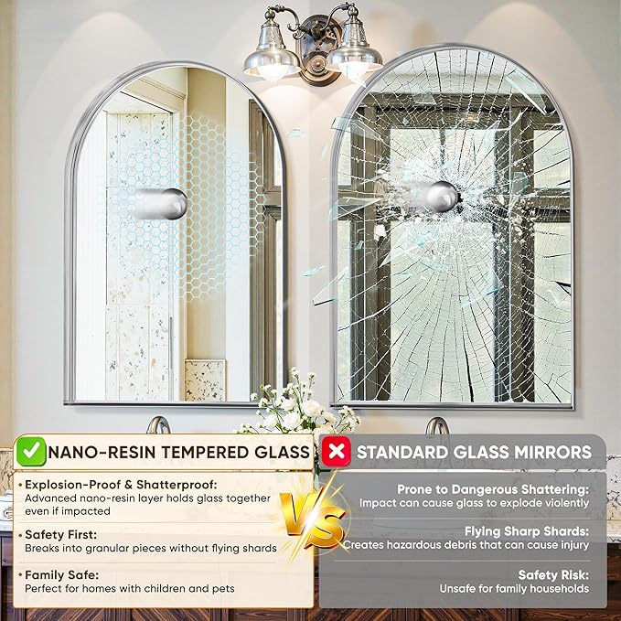 Arched Mirror 22"x30", Bathroom Mirror, Wall Mounted Vanity Mirror with Arch Metal Frame for Bathroom, Over Sink, Bedroom, Living Room, Deep Frame, Silver