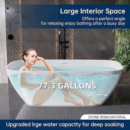 59'' Freestanding Bathtub Resin Stone Deep Soaking Tubs Solid Surface Matte Tub with Overflow and Pop-up Drain