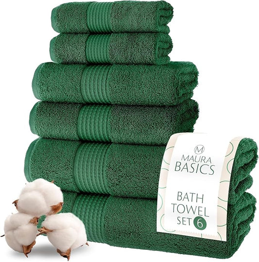 MAURA Basics Bath Towel Sets for Bathroom with Hanging Hook Loops. 2 Bath Towels, 2 Hand Towels, 2 Washcloths, Soft, Durable, Long Lasting and Absorbent Towels Set, Hunter Green