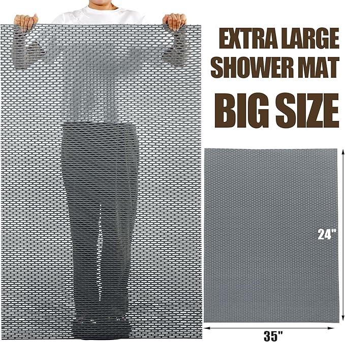 HOMBYS 35 x 24 Extra Large Shower Mat for Shower Stall Tub, Non Slip Bath Mat Bathroom Accessories, PVC Mats for Shower and Bathroom, Quick Drying, (Gray, 35"x24")