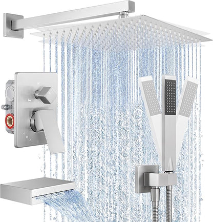 KES Shower Faucet Set 12 Inch Rain Shower Head 3-Function Shower System with Tub Spout Rainfall Shower Head with Handheld Shower, Pressure Balance Valve Brushed Nickel, XB6305F18S12-BN