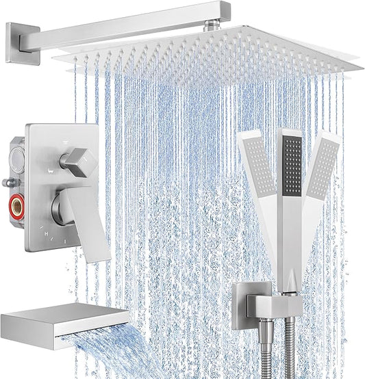 KES Shower Faucet Set 12 Inch Rain Shower Head 3-Function Shower System with Tub Spout Rainfall Shower Head with Handheld Shower, Pressure Balance Valve Brushed Nickel, XB6305F18S12-BN