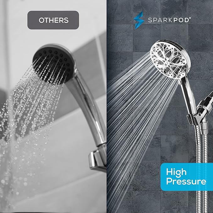 SparkPod 10-Mode Handheld Shower Head with Hose - 5" High Pressure Shower Head with Handheld Touch-to-Clean Nozzles, Built-In Power Jet, Stainless Steel 6ft Hose & Bracket (Polished Chrome)