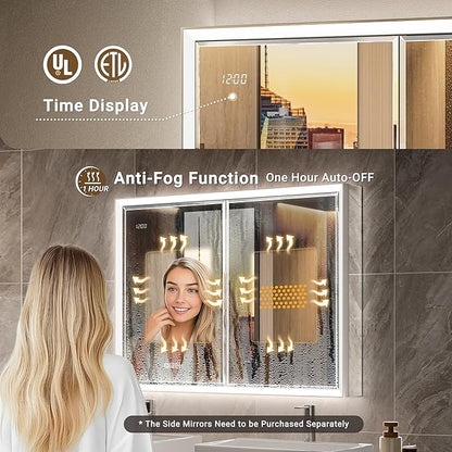 54x30 Beveled Lighted Medicine Cabinet with Mirror & Lights, Surface or Recessed Mirrored Medicine Cabinet with Outlet & Clock, Anti-Fog Dimmable LED Storage Cabinet, Built-in Sensor Light