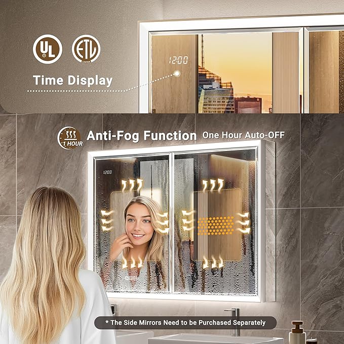 40x30 Beveled Lighted Medicine Cabinet with Mirror & Lights, Surface or Recessed Mirrored Medicine Cabinet with Outlet & Clock, Anti-Fog Dimmable LED Storage Cabinet, Built-in Sensor Light