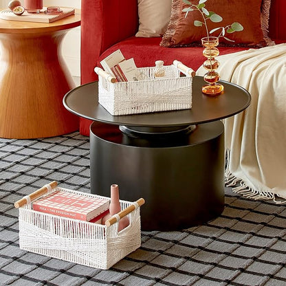 LA JOLIE MUSE Wicker Storage Baskets for Organizing, Recyclable Paper Rope Basket with Wood Handles, Decorative Hand Woven Basket Organizers for Makeup Books Shelves Living Room, White, Set of 2