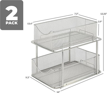 Sorbus 2 Sets of 2 Tier Metal Under Sink Organizer for Bathroom, Kitchen, Strong Steel Mesh Sliding Drawers for Under Sink, Under Cabinet, Closet, Kitchen, Pantry, Bathroom Organizers and Storage