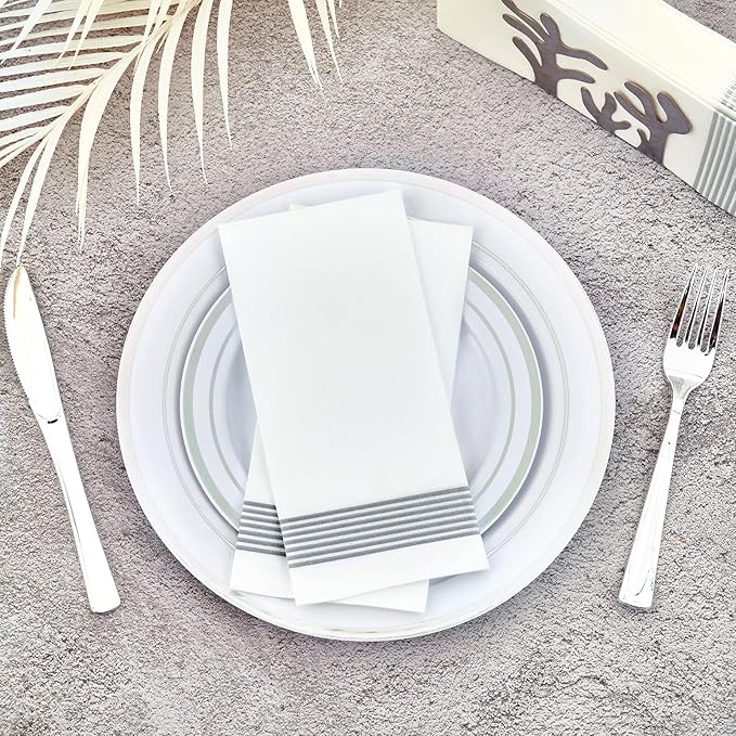 LITOPAK 200 Pack Guest Towels Disposable, Soft and Absorbent Bathroom Napkins, Paper Guest Towels for Bathrooms, Party, Wedding or Events. White and Silve
