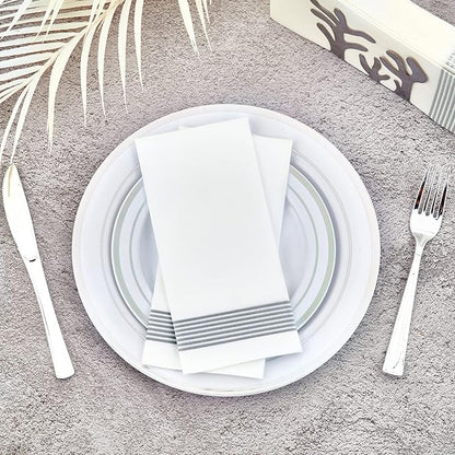 LITOPAK 200 Pack Guest Towels Disposable, Soft and Absorbent Bathroom Napkins, Paper Guest Towels for Bathrooms, Party, Wedding or Events. White and Silve