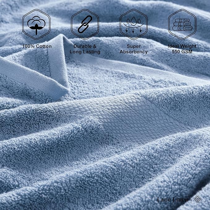 LANE LINEN 100% Cotton Premium Bathroom Towels Set - 16 Pieces - Ring Spun, Quick Dry, Super Soft & Highly Absorbent - 4 Bath, 8 Washcloths, 4 Hand Towels for Bathroom - Pre Shrunk - Cerulean Blue
