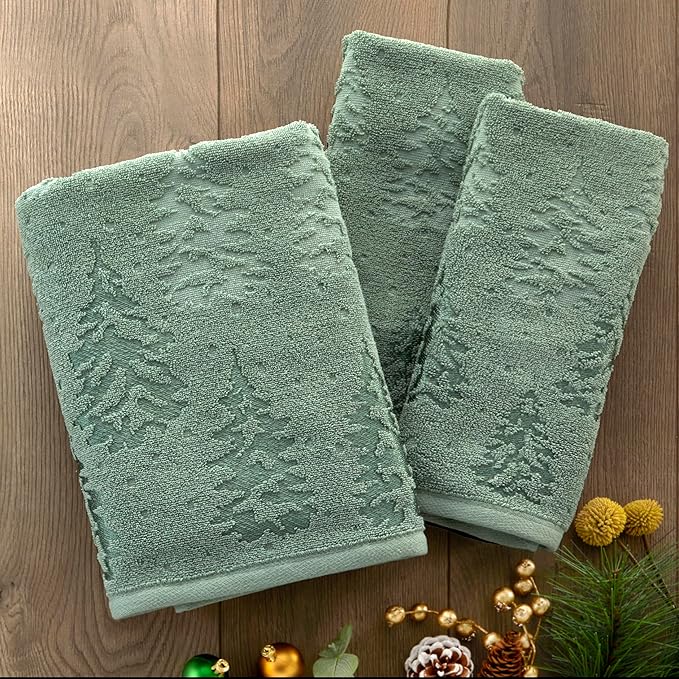 SKL Home Fall/Winter/Christmas Wispy Trees Premium Cotton Blend 2-Piece Hand Towel Set, 500 GSM, Soft & Absorbent Jacquard, Decorative for Bath/Kitchen/Bar & Gift, Sage