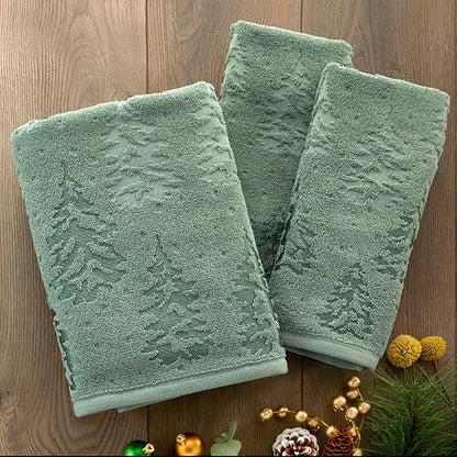 SKL Home Fall/Winter/Christmas Wispy Trees Premium Cotton Blend 2-Piece Hand Towel Set, 500 GSM, Soft & Absorbent Jacquard, Decorative for Bath/Kitchen/Bar & Gift, Sage