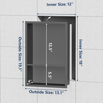 Stainless Steel Shower Niche 18" X 12", No Tile Needed Wall Niche Double Shelves, Recessed Niche Shower for Bathroom Storage, Gun Metal