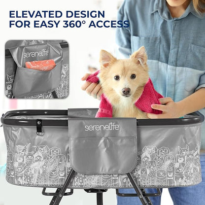 SereneLife Portable Dog Bath Tub with Drain, Foldable Indoor Outdoor Dog Tubs for Bathing and Grooming with Pockets & Leash Restraint, Collapsible Design, Supports Pets Up to 130 lbs