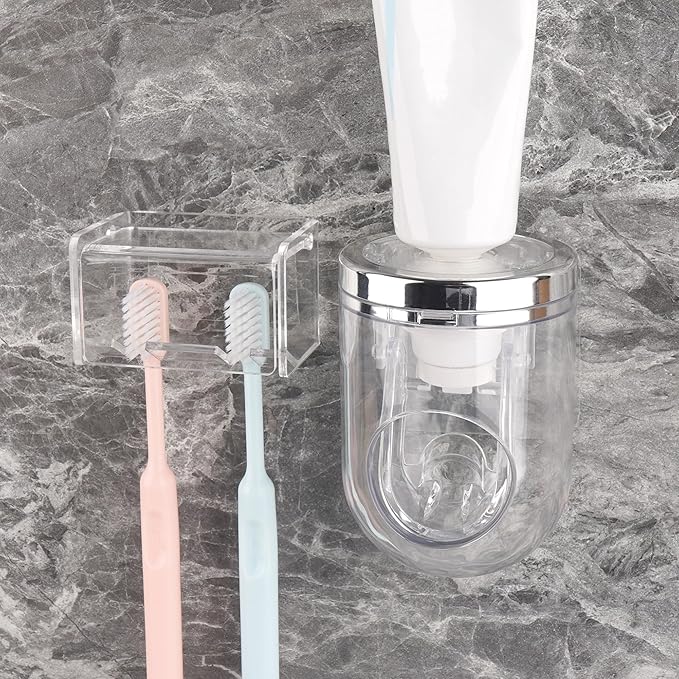 2 Slots Wall Mount Toothbrush Holder with Cover, Self Adhesive Tooth Brush Storage Organizer for Shower Bathrooms, Toothbrush Stand with Automatic Toothpaste Squeezer Dispenser