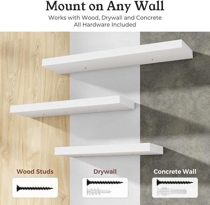Floating Shelves for Wall, 9.3" Deep Wall Mounted Wood Shelves for Bathroom, Bedroom, Living Room, Kitchen, Hanging Shelf for Books/Storage/Room Decor (White, 36")
