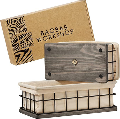 BAOBAB WORKSHOP Set of 2 Metal & Wooden Basket with Liners - Bathroom Basket Organizer & Kitchen Storage Decor - Toilet Paper Baskets for Back of Toilet Tank Tray Topper