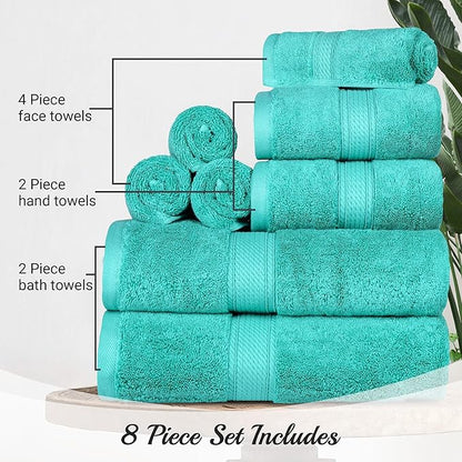 Superior Egyptian Cotton Pile 8 Piece Towel Set, Includes 2 Bath, 2 Hand, 4 Face Towels/Washcloths, Ultra Soft Luxury Towels, Thick Plush Essentials, Guest Bath, Spa, Hotel Bathroom, Turquoise